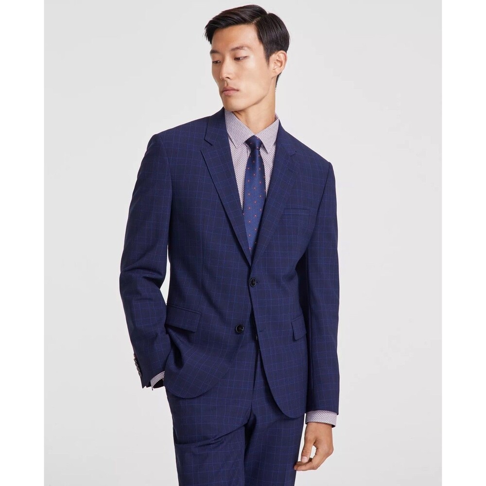 $495 NEW HUGO BOSS Mens 38R Dark Blue Plaid Wool Blazer Sport Coat Suit Jacket